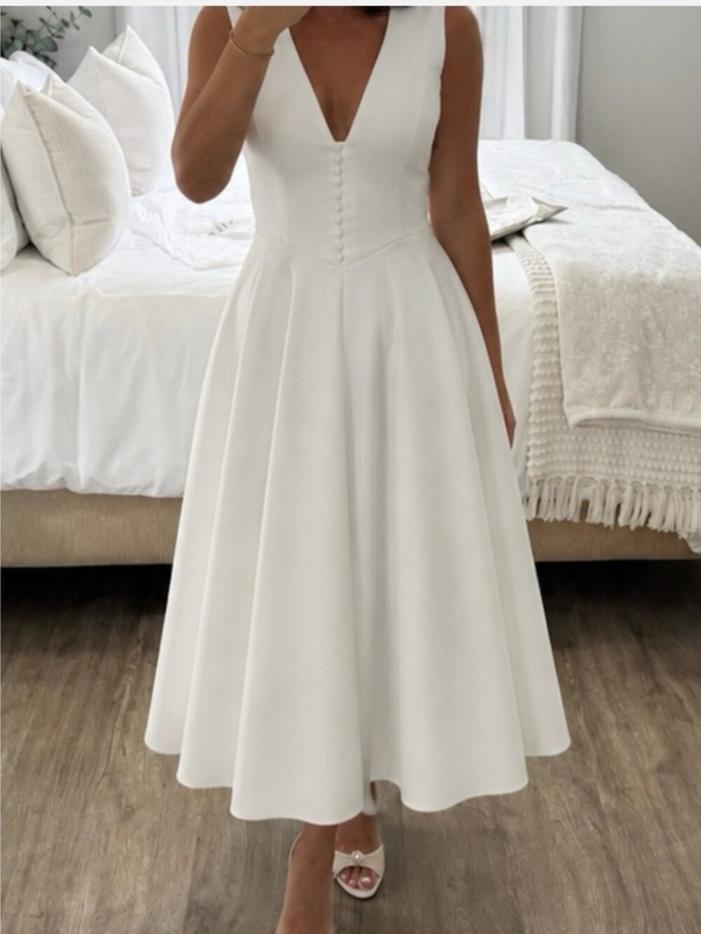 Meshki White V-Neck Button-Front Midi Dress